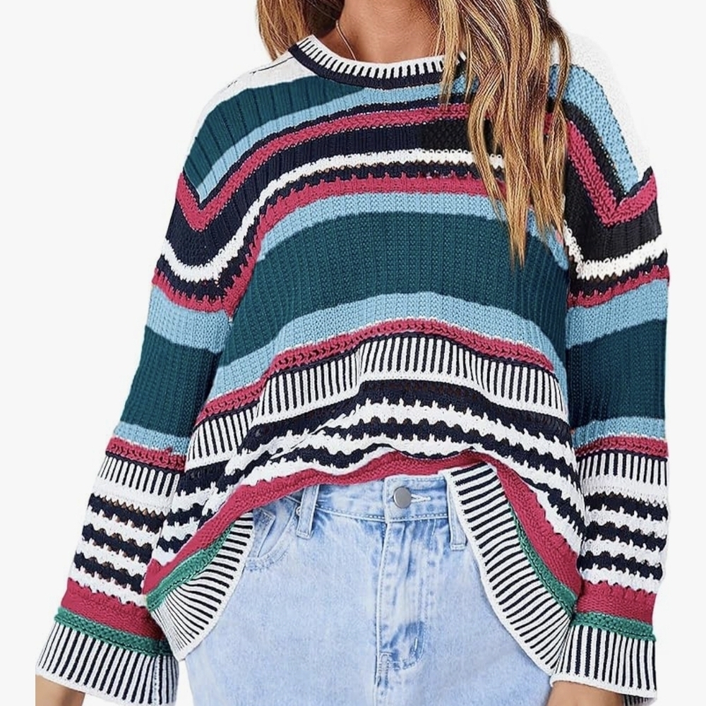 Striped Color Block Short Sweater Long Sleeve Crew Neck Loose Women's Large